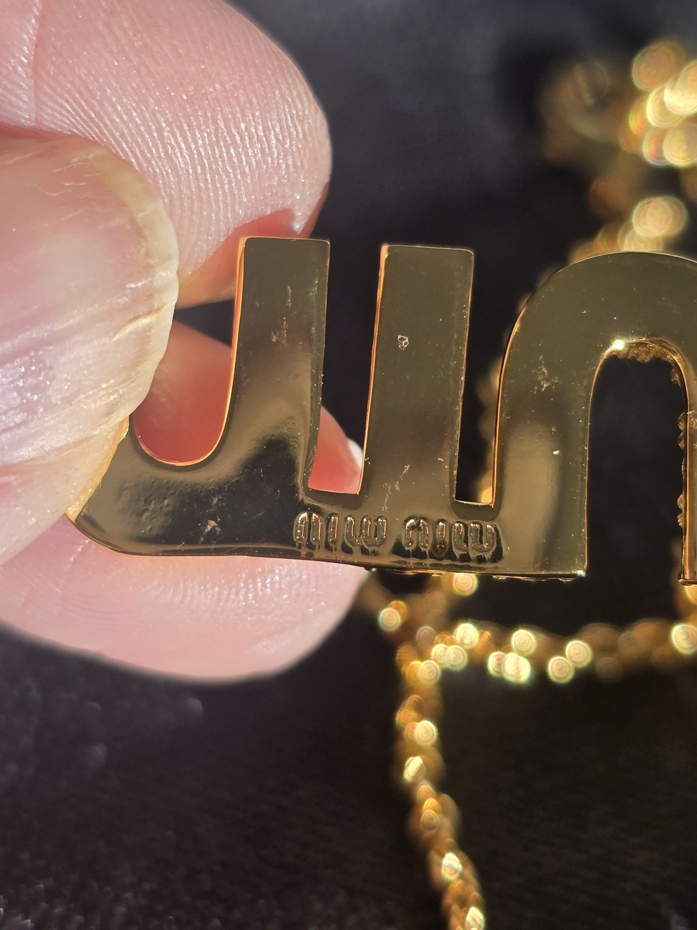 MiuMiu Gold-tone Crystal Lettering Necklace - Picture 5 of 7